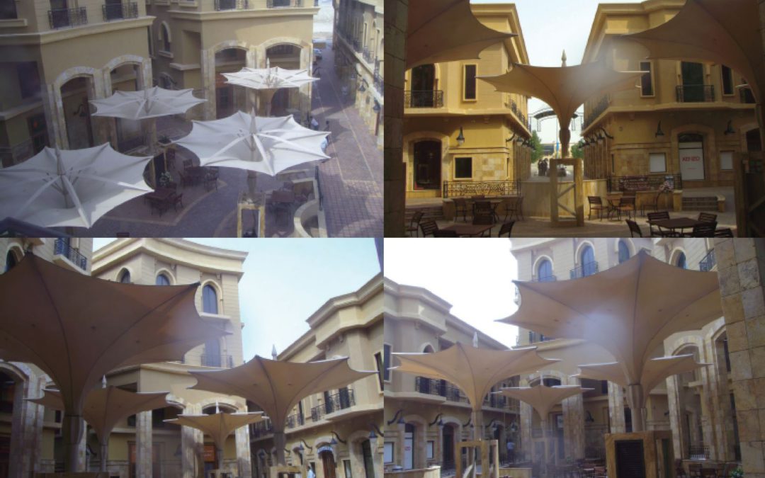 Foldable hydraulic umbrellas in Al-Loushatu Center